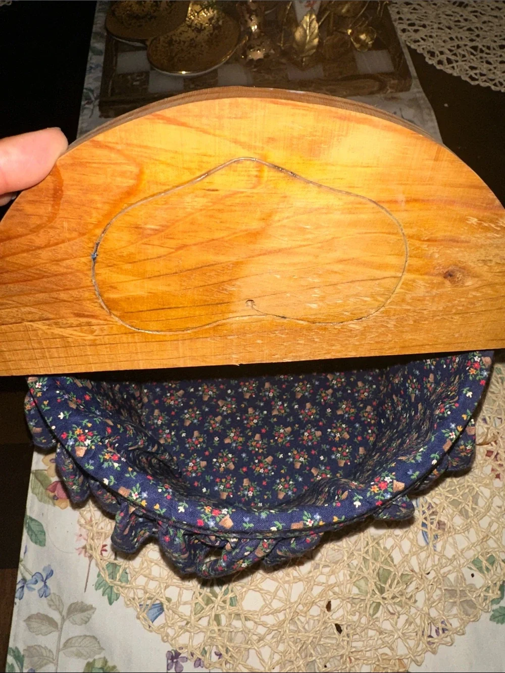 Vintage Wooden Sewing Basket with Navy Floral Fabric Trim